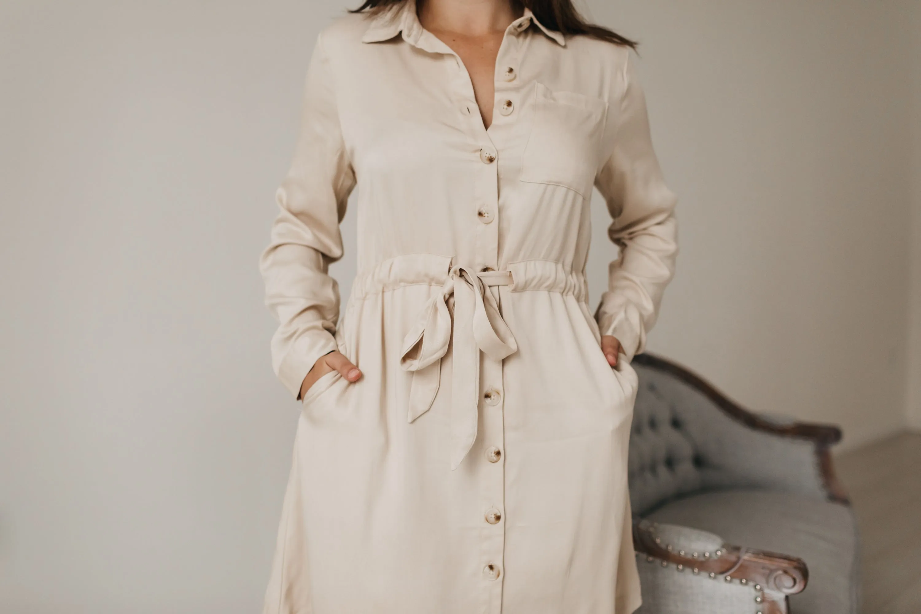 Savanah Button Up Dress in Beige