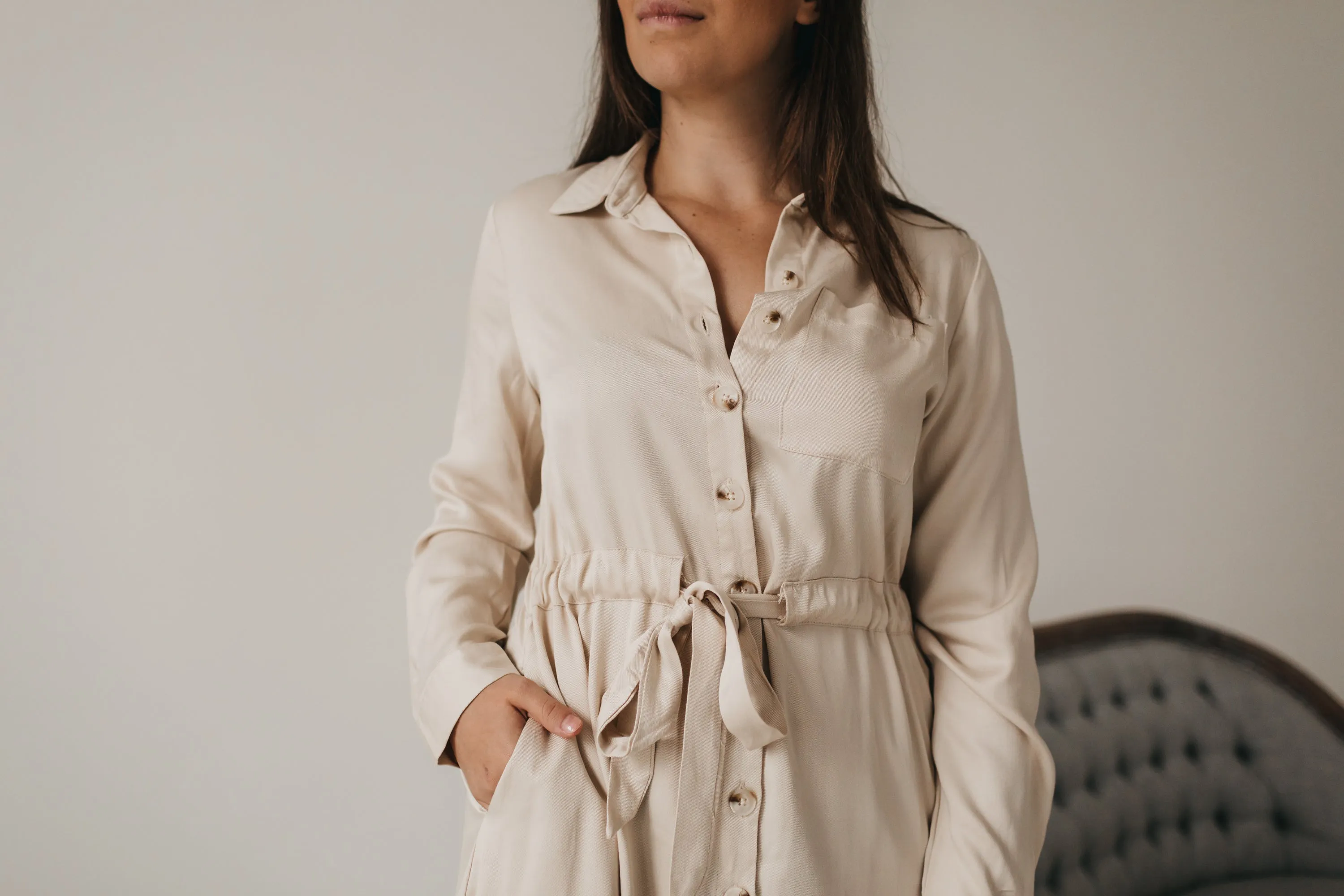 Savanah Button Up Dress in Beige