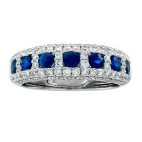 Seven Sapphire & Pave Diamond Wedding Band Ring 18K