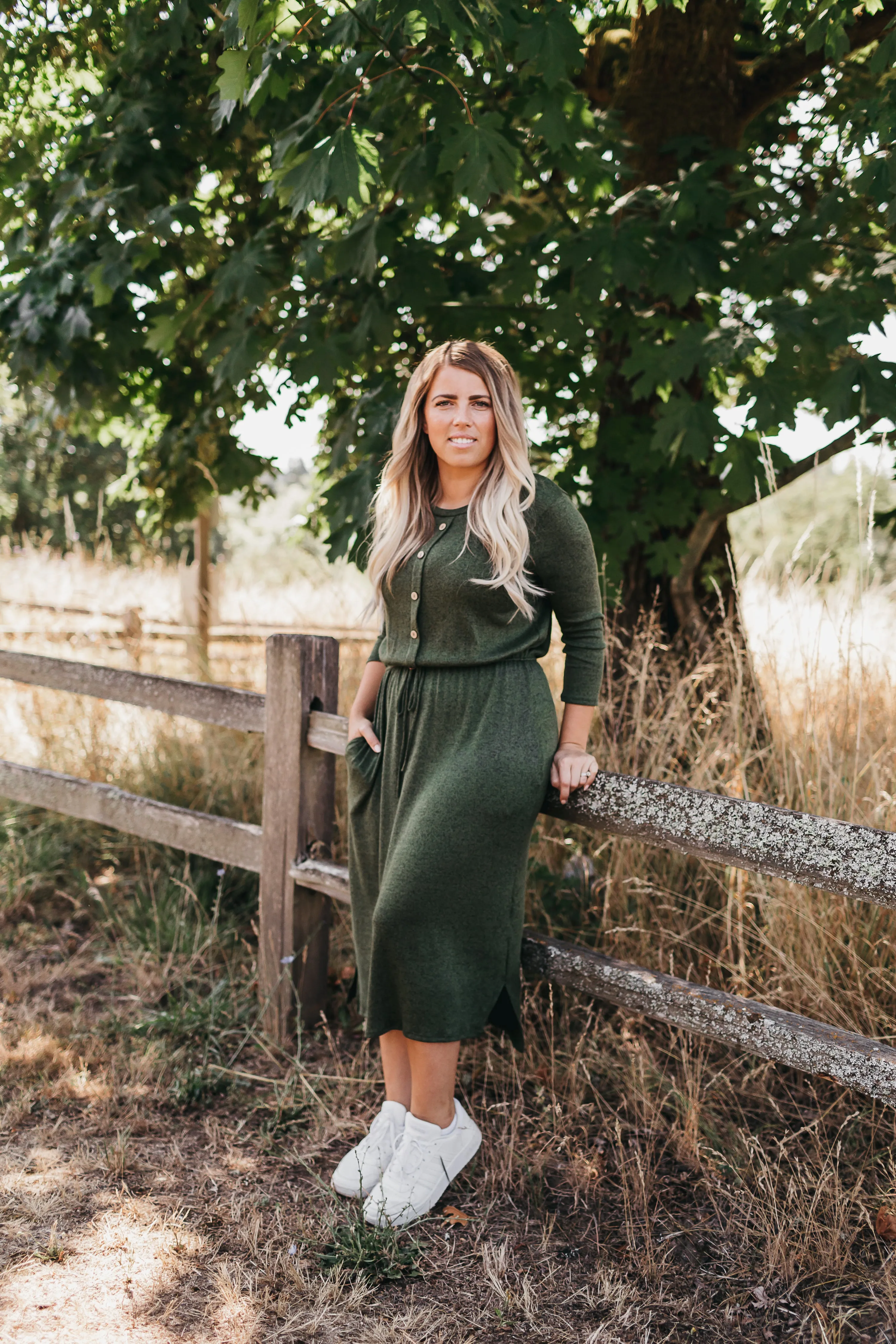 Sierra Button Midi Dress in Two Tone Olive