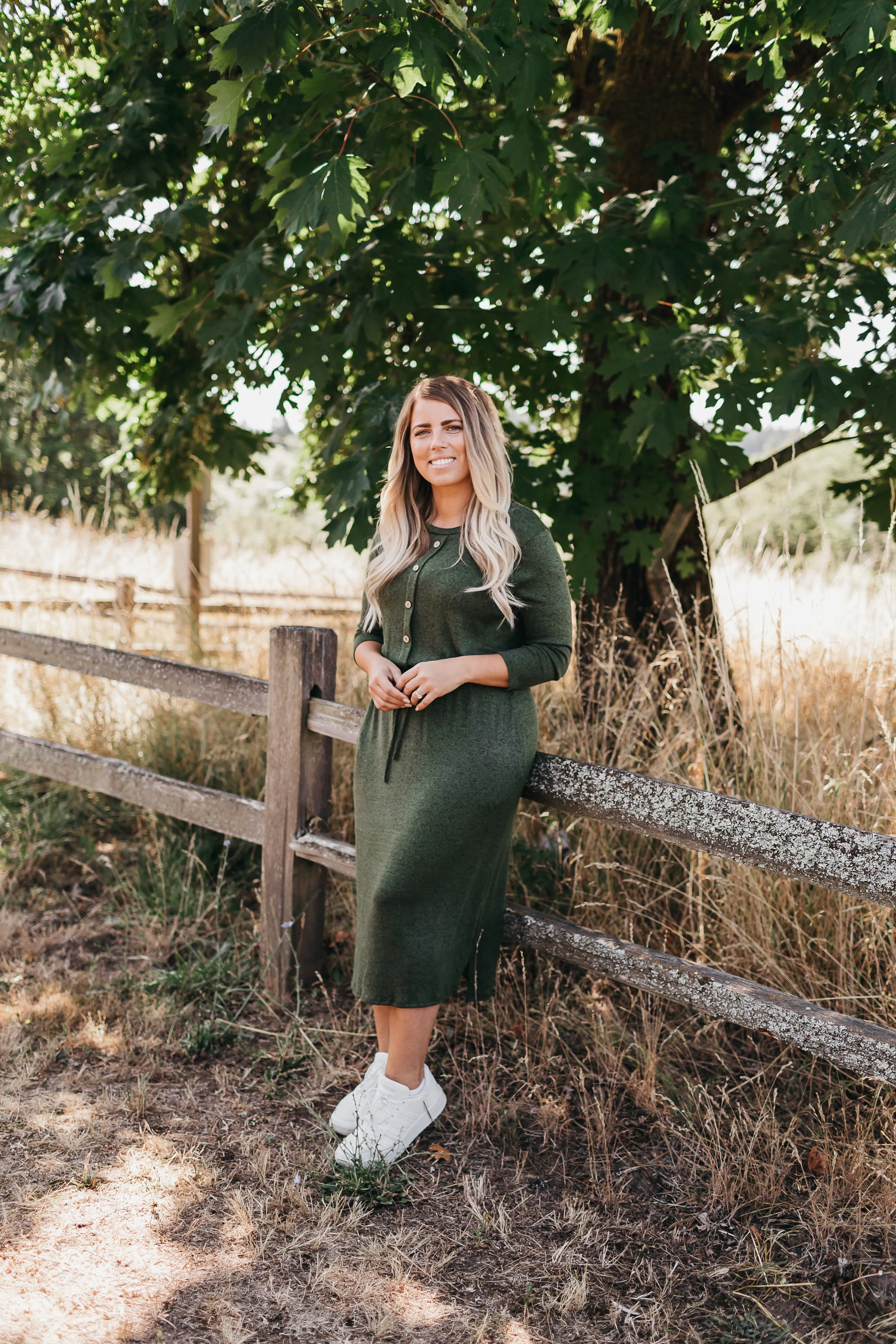 Sierra Button Midi Dress in Two Tone Olive