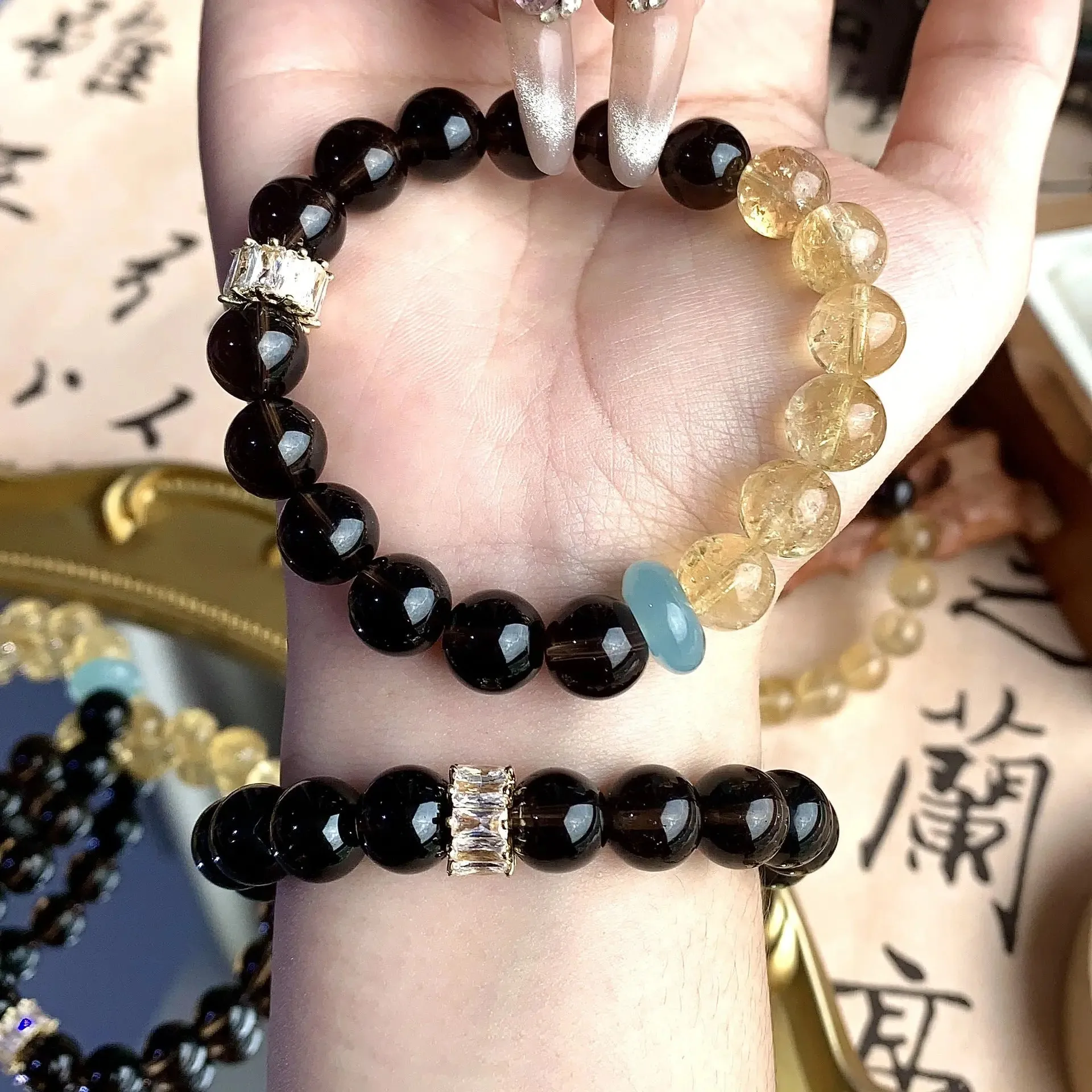 Silver Obsidian & Yellow Azeztulite Bracelet