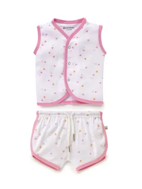 Sleeveless pink & orange heart pattern in pure white with pink border jabla set  for baby