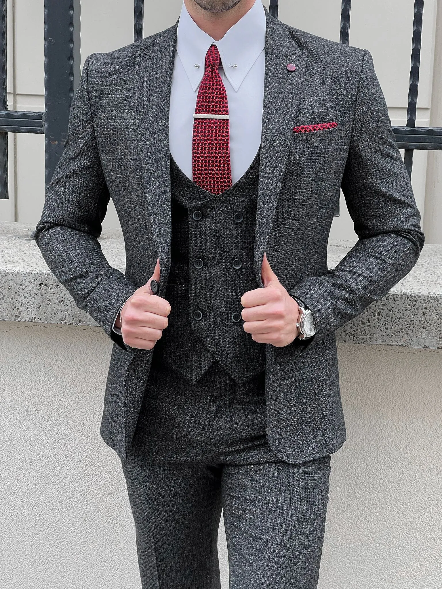 Slim Fit Pointed Collar Vest Anthracite Suit