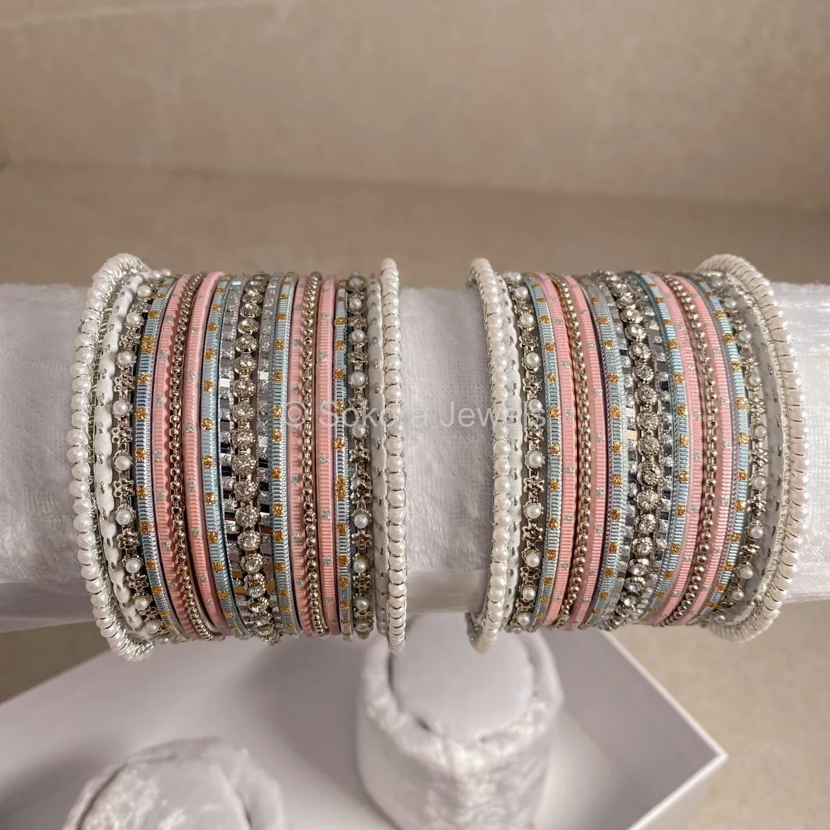 Small Silver, Pink & Blue Bangle set