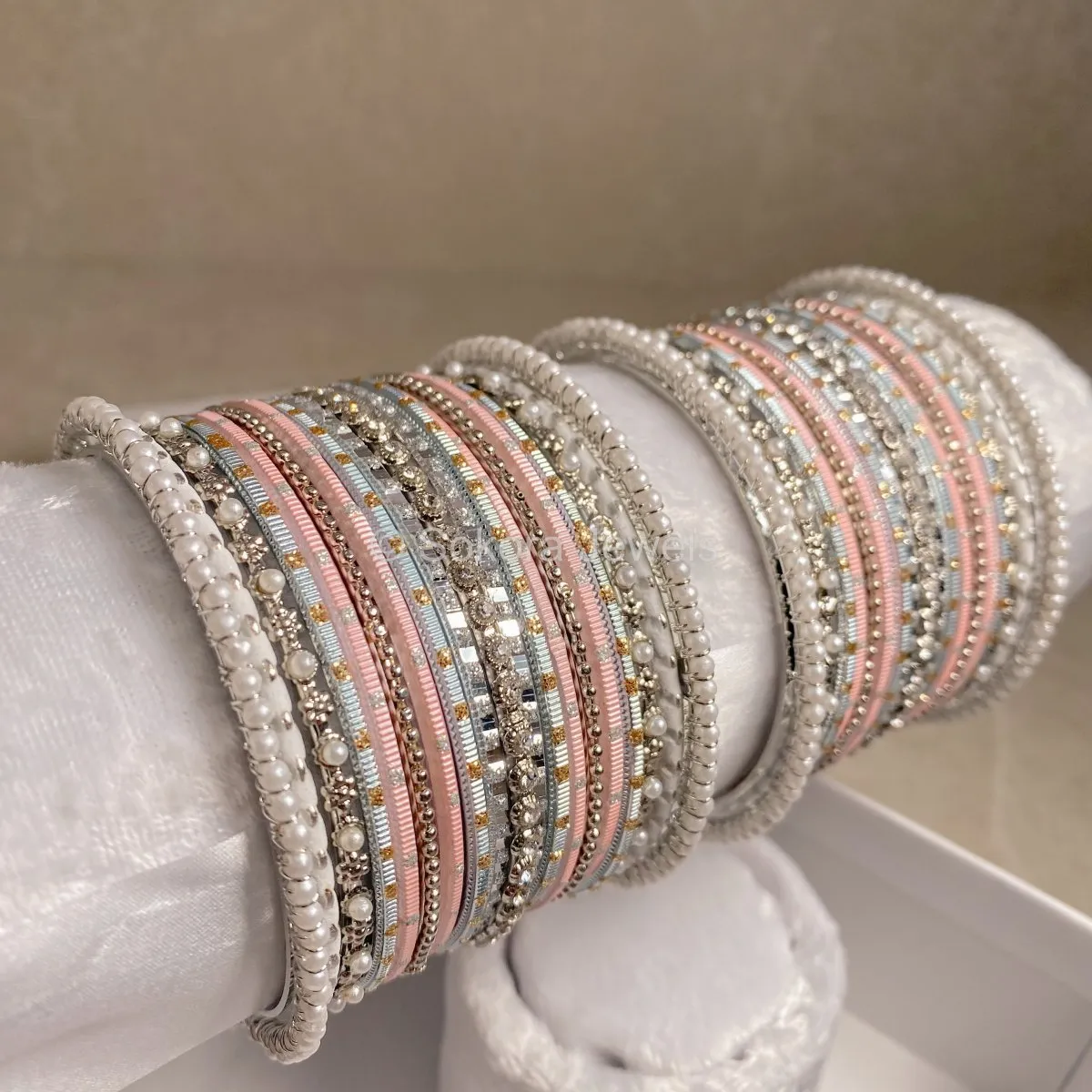 Small Silver, Pink & Blue Bangle set