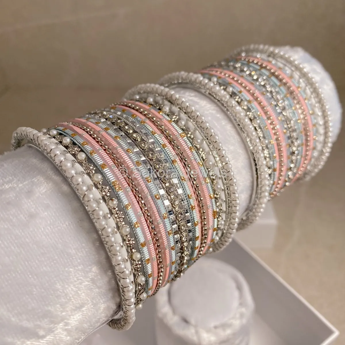 Small Silver, Pink & Blue Bangle set