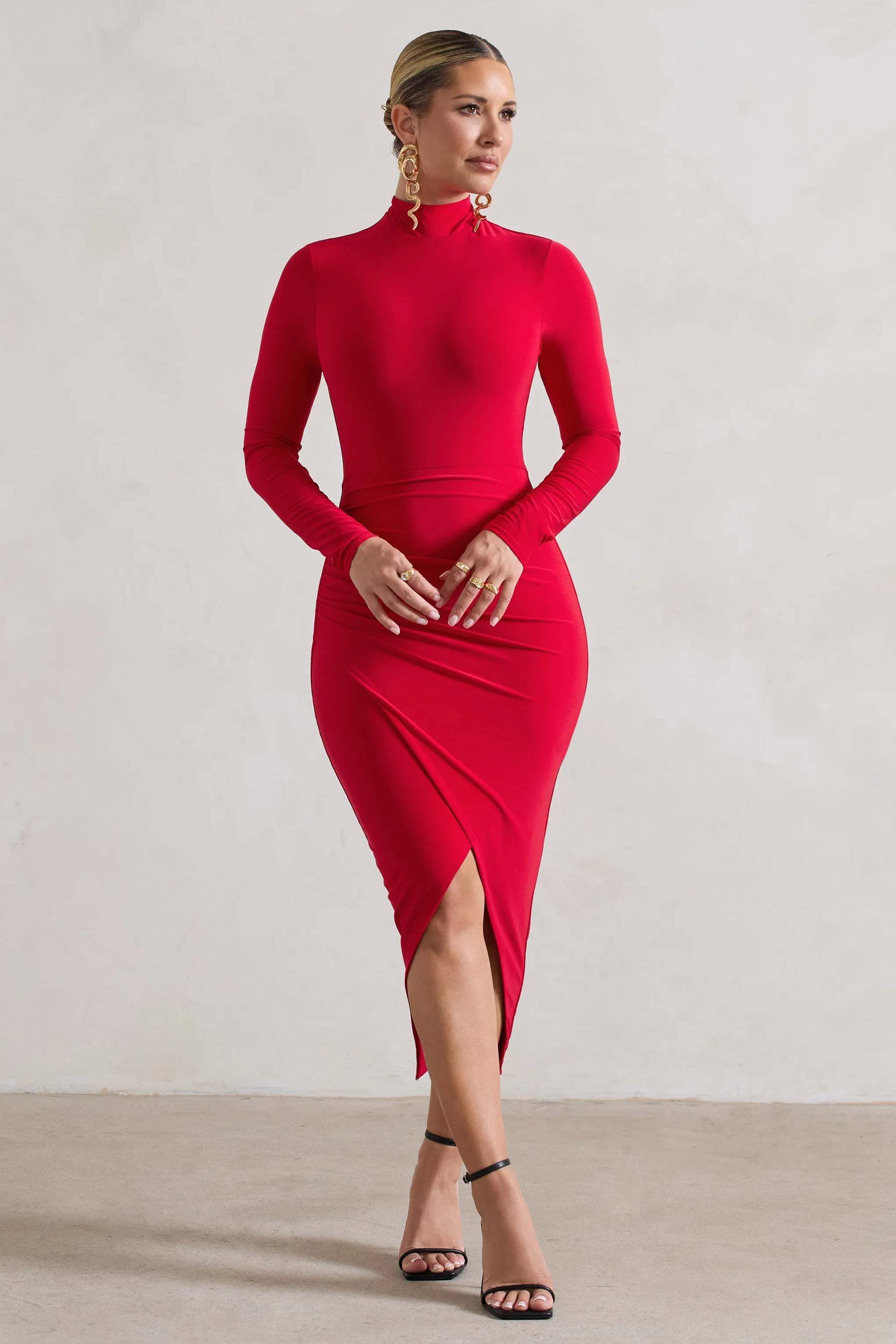 Soha | Red High-Neck Wrap Midi Dress