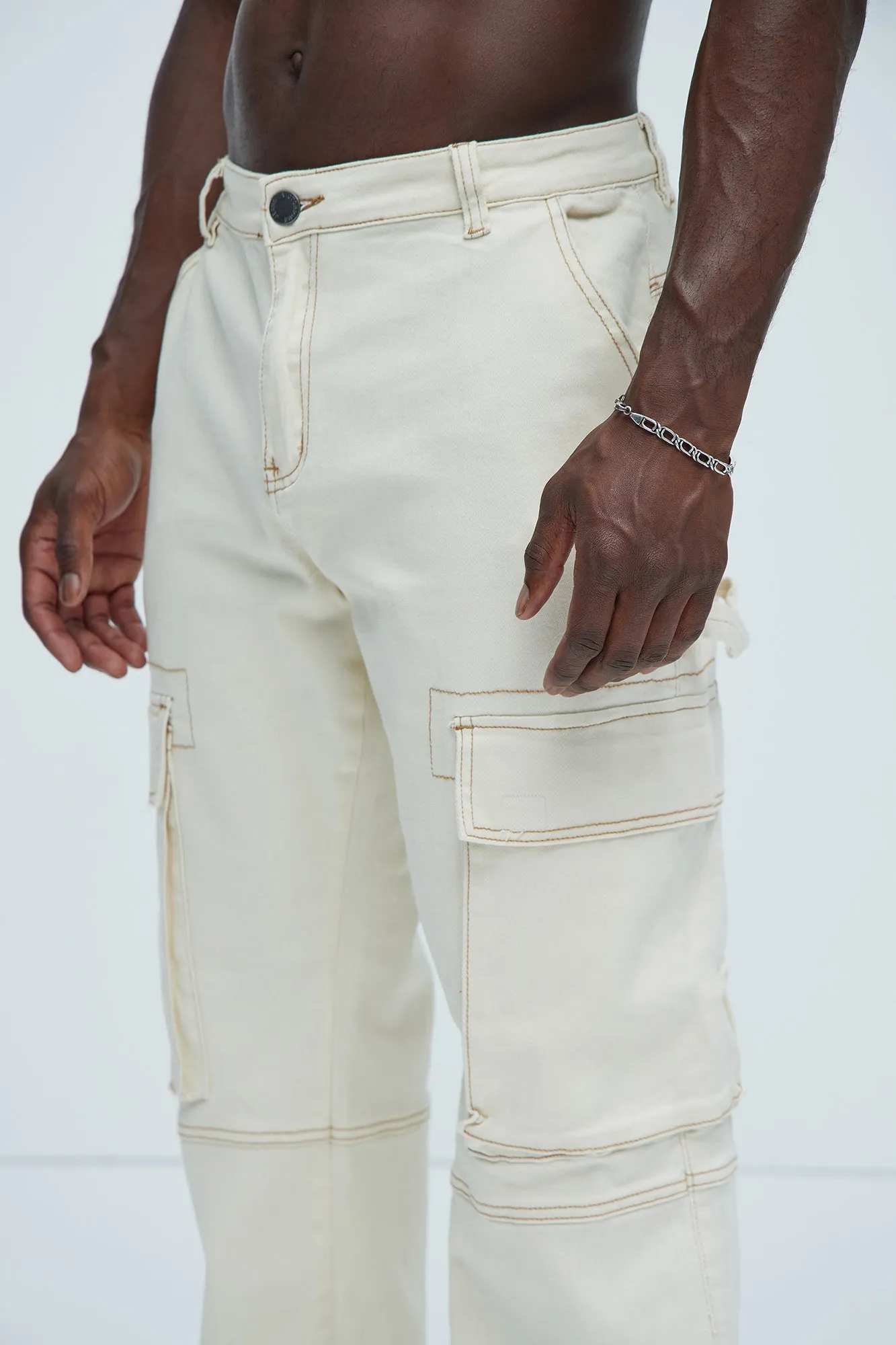 Stay In Lane Contrast Stitch Cargo Pants - Ivory