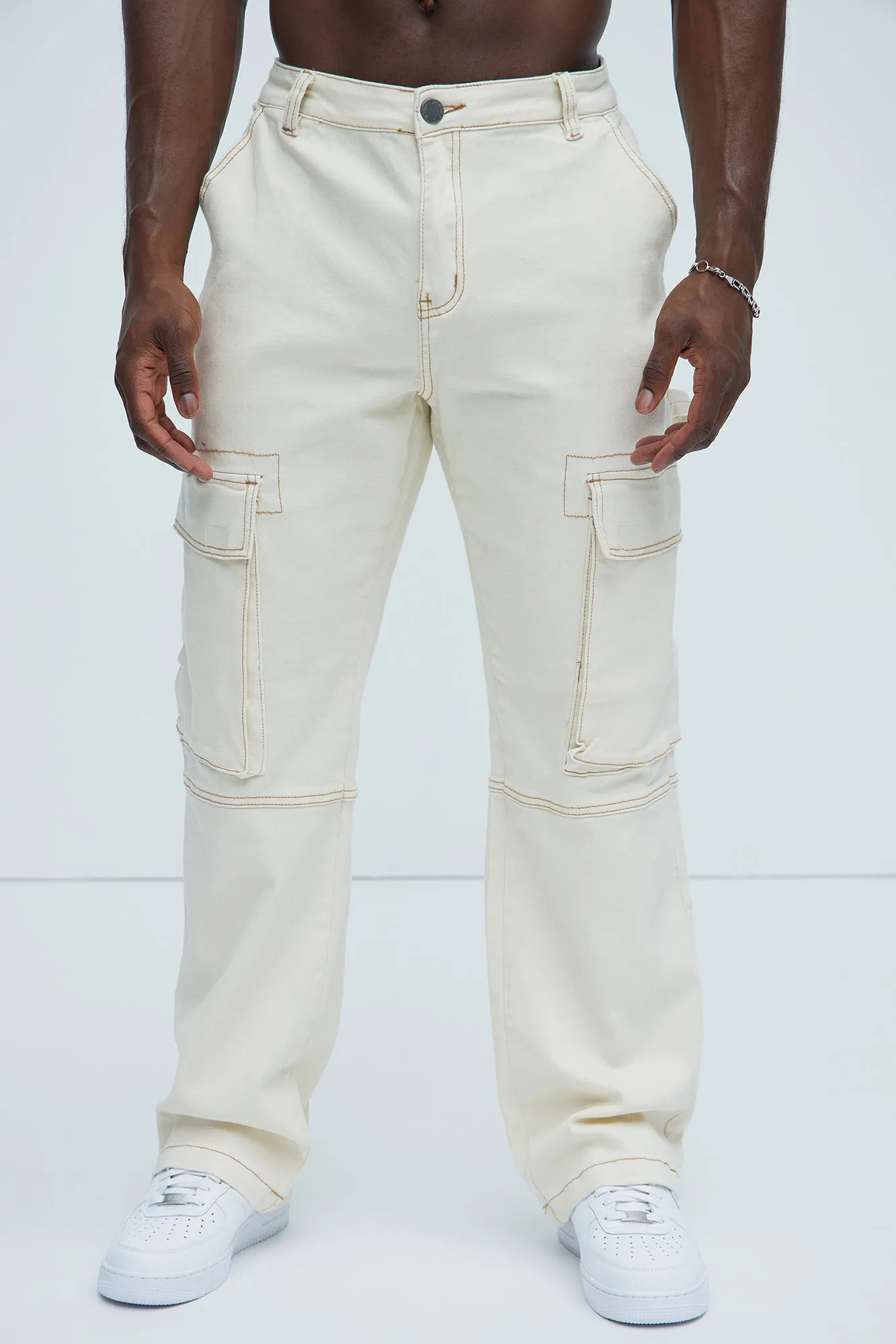 Stay In Lane Contrast Stitch Cargo Pants - Ivory