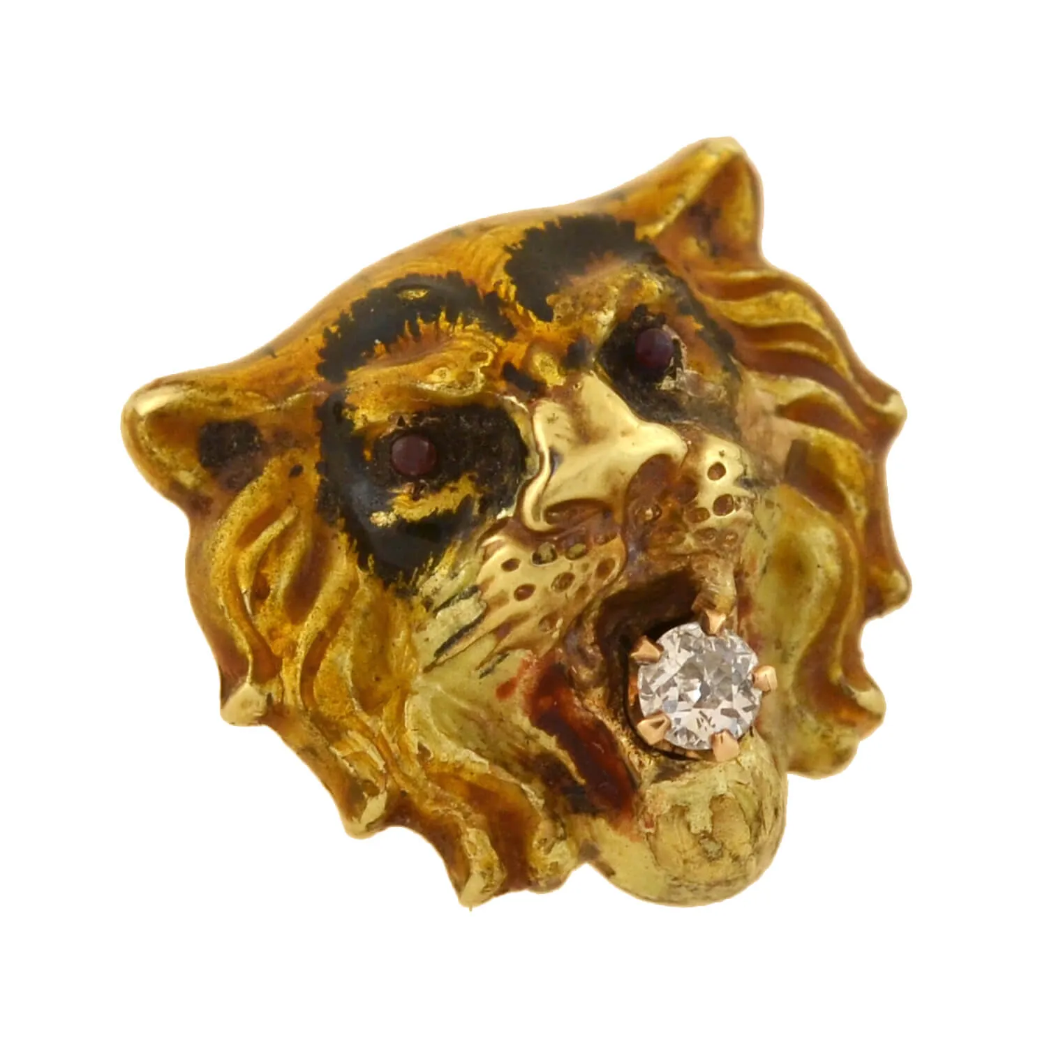 Victorian 15kt Enamel   Diamond Tiger Head Pendant