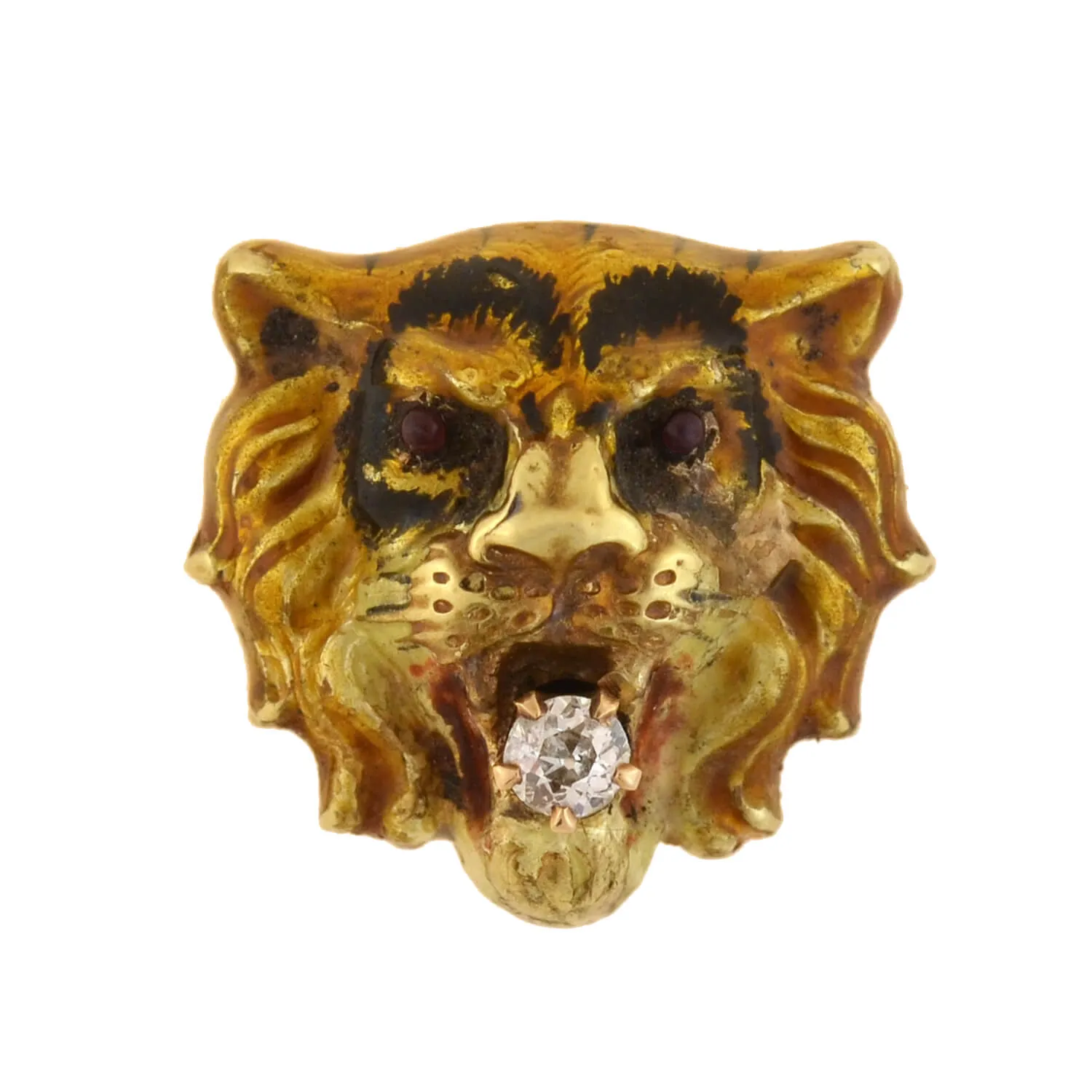 Victorian 15kt Enamel   Diamond Tiger Head Pendant