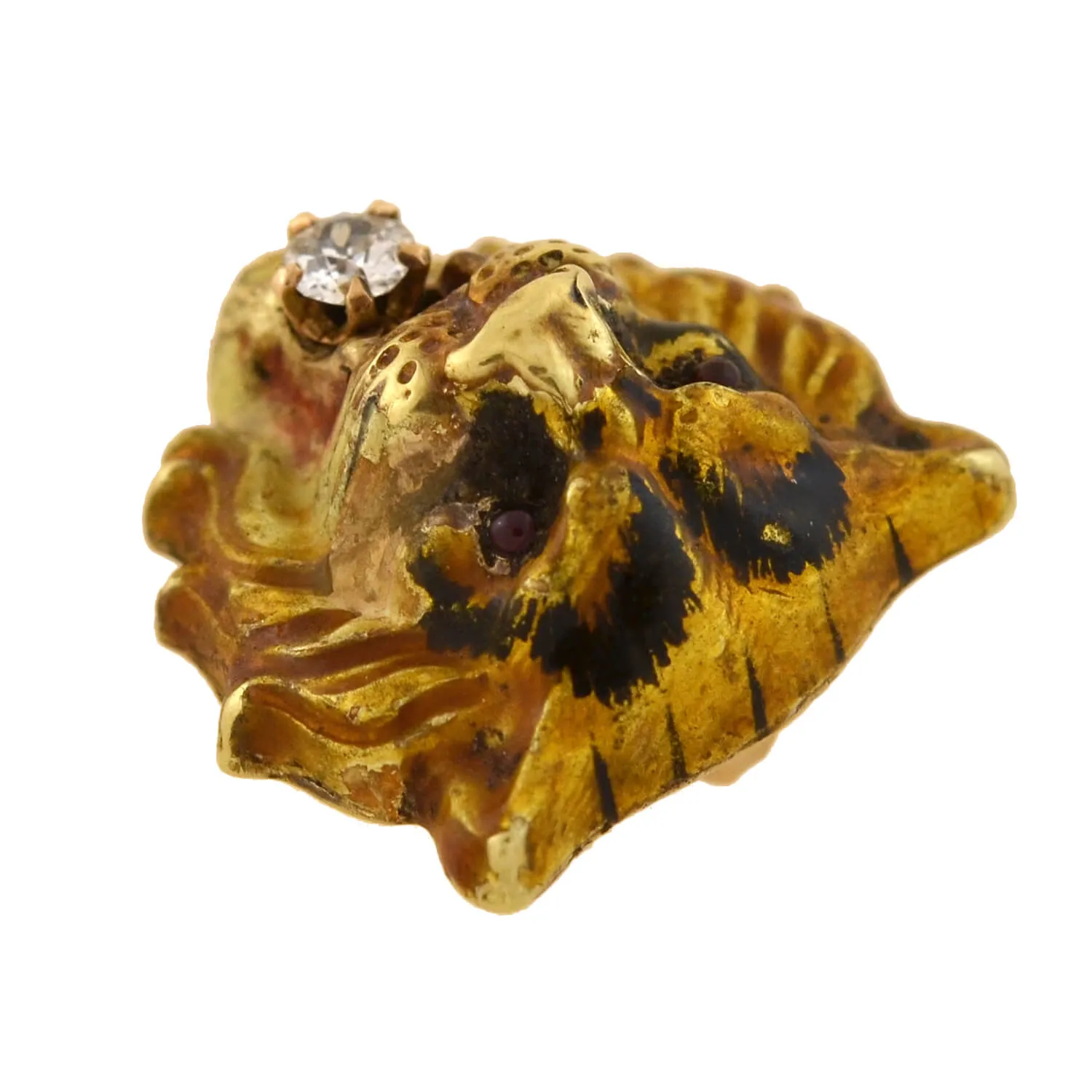 Victorian 15kt Enamel   Diamond Tiger Head Pendant