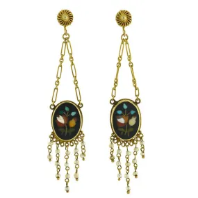 Victorian Dramatic 14kt Seed Pearl Pietra Dura Flower Earrings