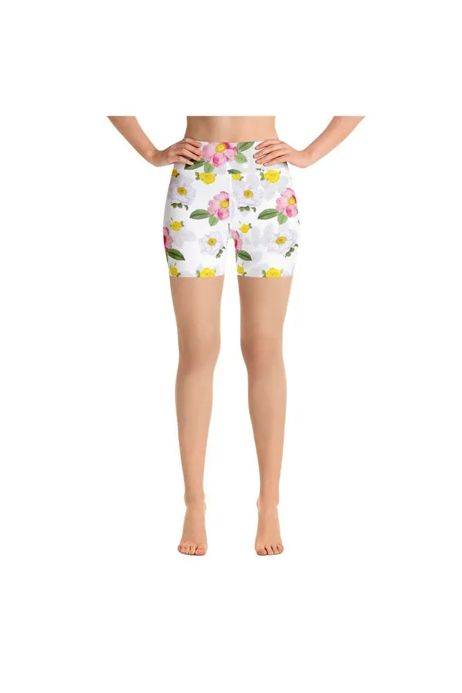 White Floral Flurry Yoga Shorts