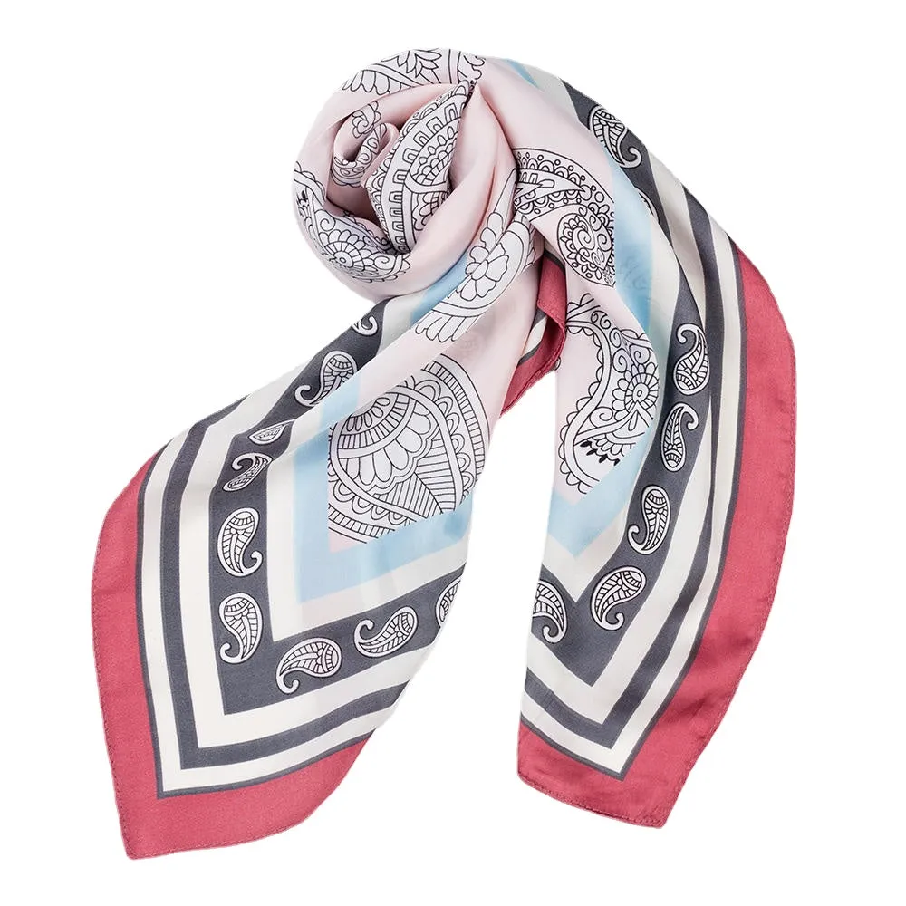 Women Fashion Thin Satin Embroidered Silk Scarf Comfortable Stripe Causal Headpiece