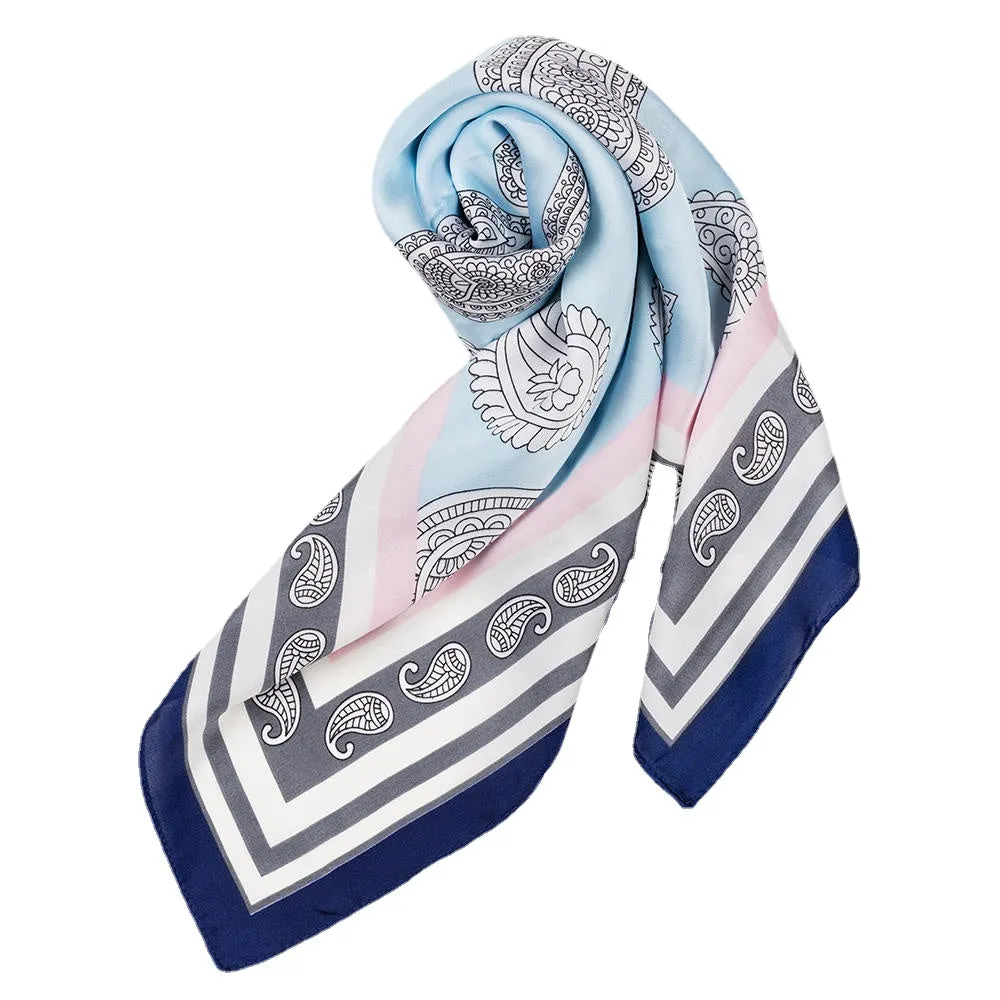 Women Fashion Thin Satin Embroidered Silk Scarf Comfortable Stripe Causal Headpiece