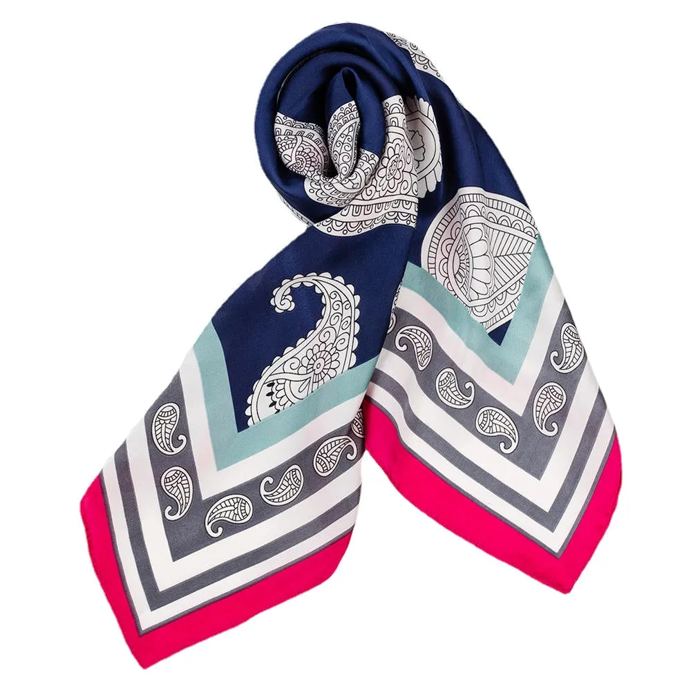 Women Fashion Thin Satin Embroidered Silk Scarf Comfortable Stripe Causal Headpiece