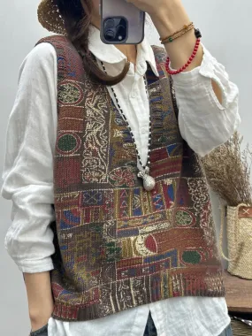 Women Vintage Print Knitted V-Neck Vest