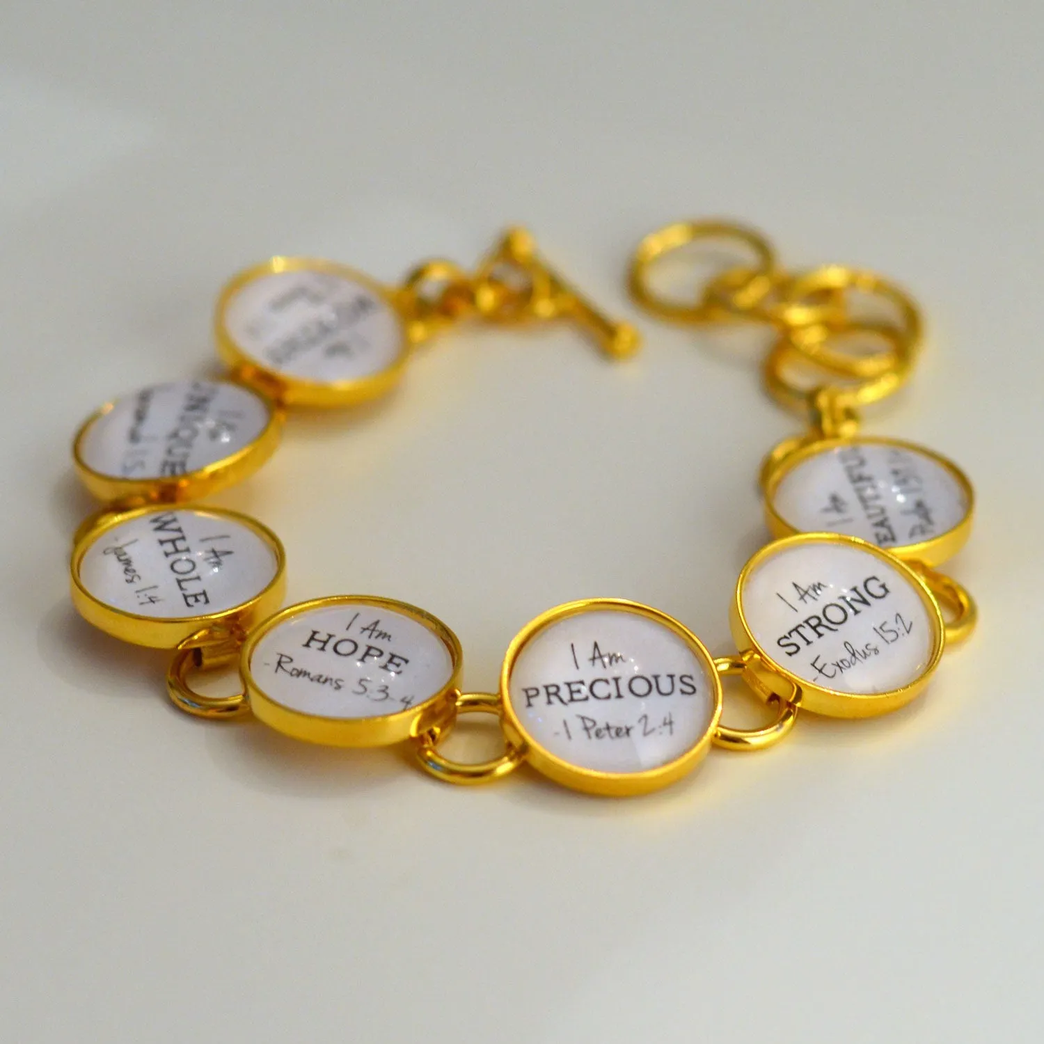 YOU ARE... Beautiful, Strong, Redeemed - 18K Gold-Plated Personalized Scripture Charm Bracelet