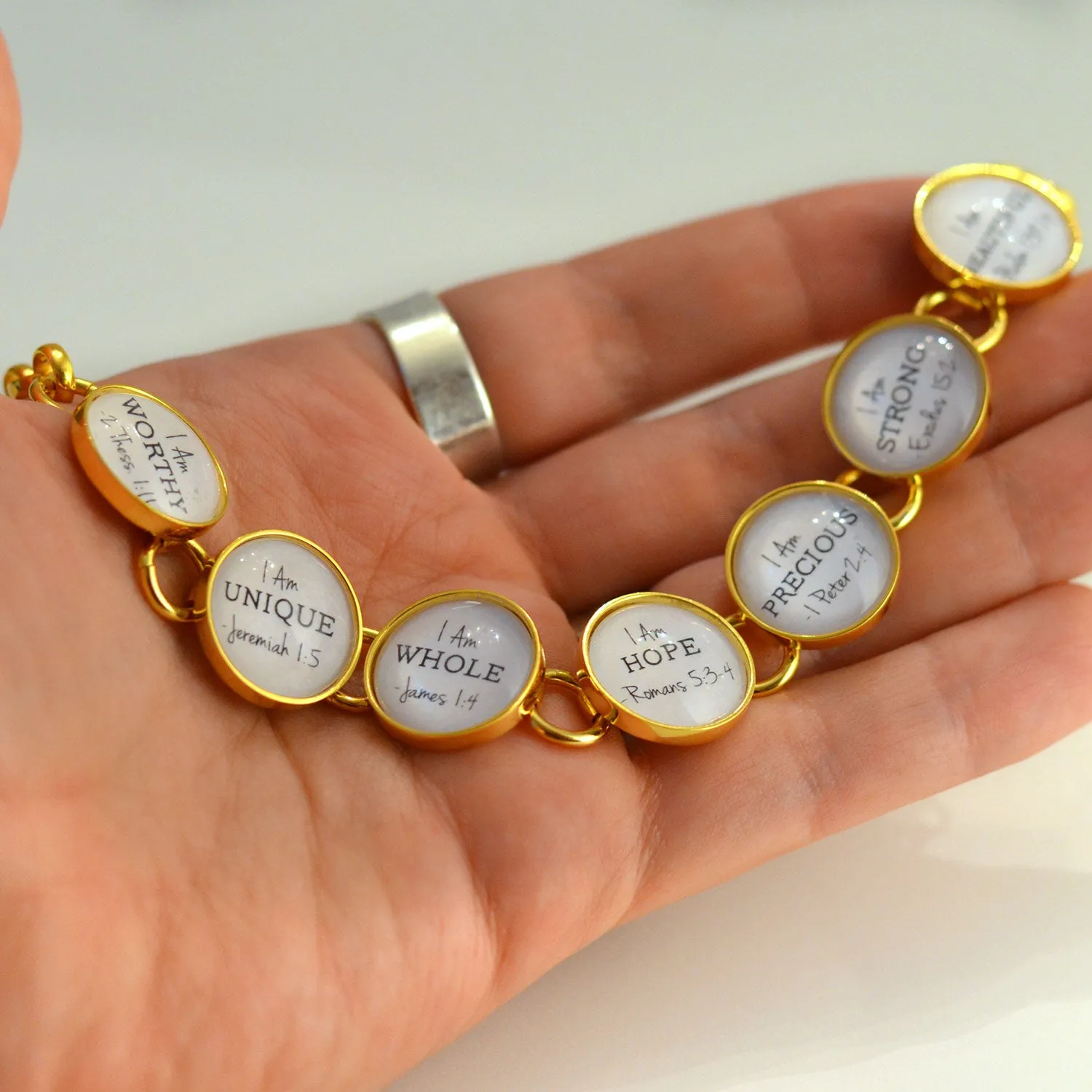 YOU ARE... Beautiful, Strong, Redeemed - 18K Gold-Plated Personalized Scripture Charm Bracelet